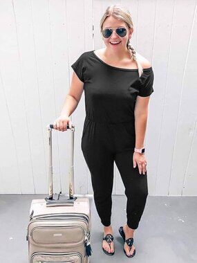 Alelly Women's Loose Fit Off Shoulder Elastic Waist Jumpsuit Rompers w/pockets